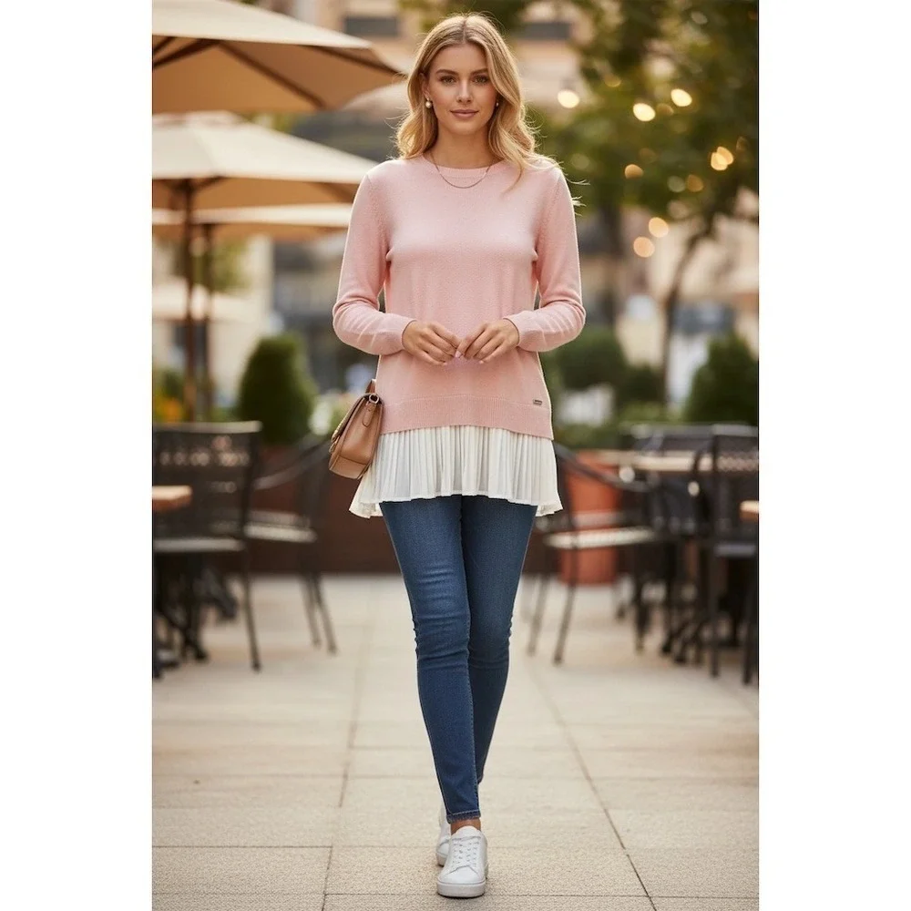 Calvin Klein layered chiffon sweater tunic M Blush Pink Pleated lampshade preppy